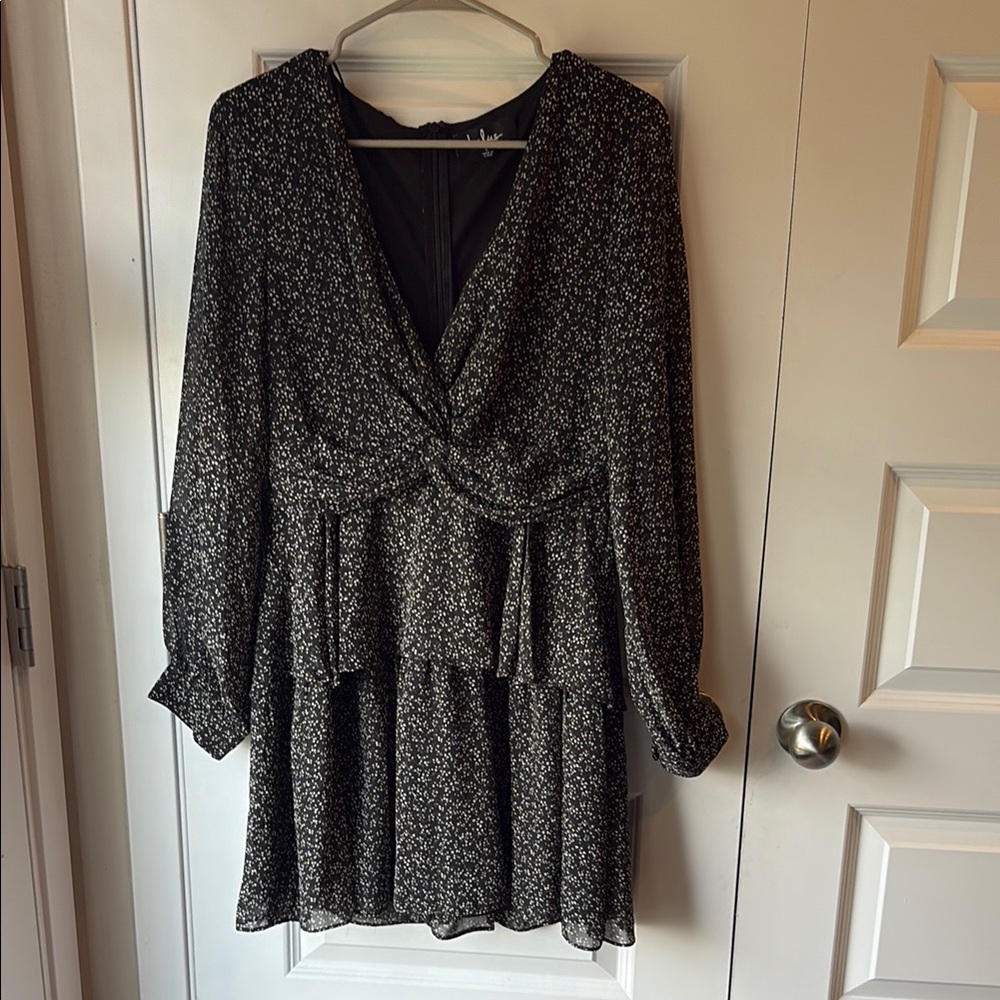 Lulu's Black and White Ruffled Wrap Dress with Bishop Sleeves